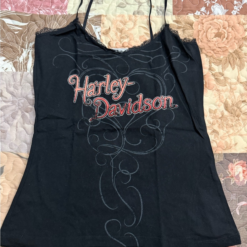 Harley-Davidson Black Camisole with Red Logo and Lace Trim